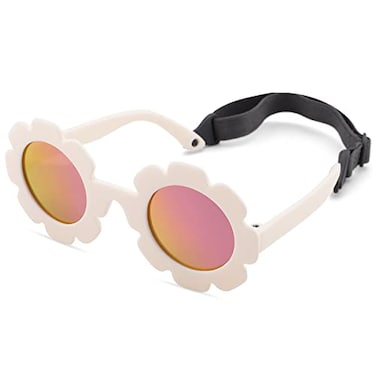 Bouryo Flexible Baby Polarized Flower Sunglasses with Strap Bendable Frame for Infant Boys Girls Ages 024 Months A1 Matte WhitePurple Red Mirror
