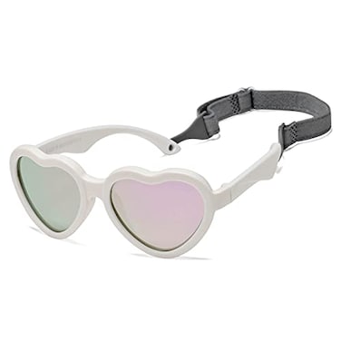 Hycredi Heart Shaped Baby Sunglasses with Strap Adjustable Polarized Shades for Newborn Infant Age 024 Months WhiteSilver Mirrored