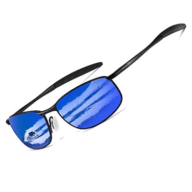 AEVOGUE Polarized Sunglasses For Men Rectangle Metal Frame Retro Sun Glasses AE0395 Black Frame Mirror Blue Lens 59