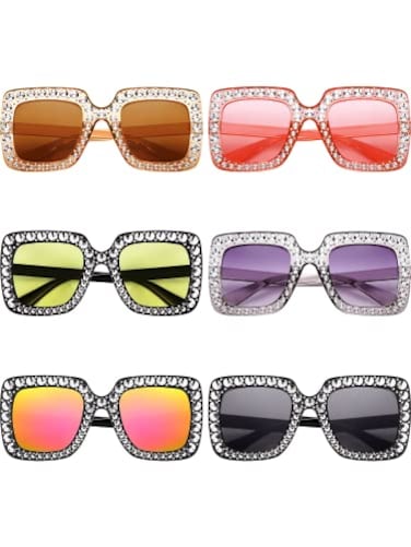 Frienda Diamond Crystal Oversized Sunglasses Bling Square Rhinestone Frame Sunglasses for WomenClassic Colors6 Pairs