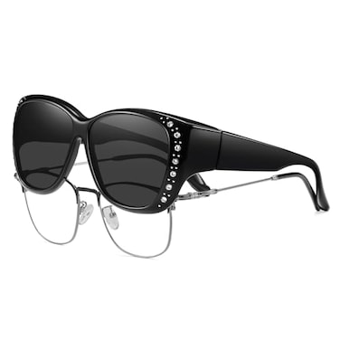 HAOLOTA Over Glasses Sunglasses for Women with Rhinestone Square Polarized Eyewear for Prescription Glasses