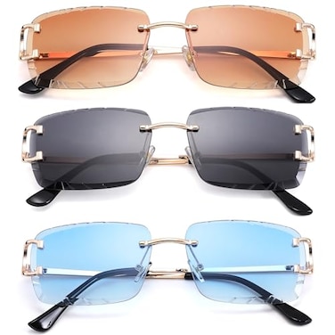 Hycredi Rimless Rectangle Sunglasses for MenWomen Frameless Square Trendy Shade Diamond Cutting Eyewear GreyBrownBlue Medium HY117J