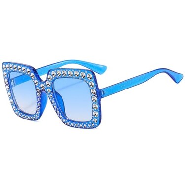 IKANOO Oversized Crystal Sunglasses for Women Square Thick Frame Bling Rhinestone Sparkling Glasses Blue