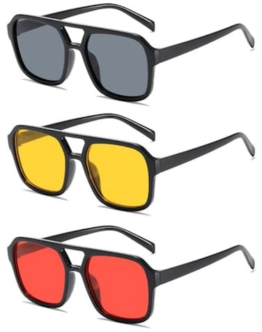 IKUVNA Retro 70s Square Aviator Sunglasses Women Men Vintage Rectangle Sunglasses Flat Frame Trendy Shades 3 Pack BlackYellowRed