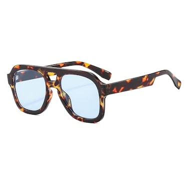 Long Keeper Retro Pilot Sunglasses Double Bridge Women Men Aviation Square Sun Glasses Thick Frame 70s Vintage Shades UV400 Leopard FrameBlue Lens