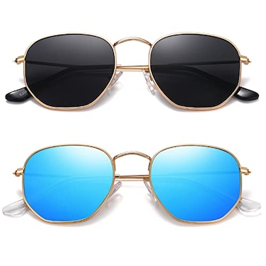 MEETSUN Polarized Hexagon Sunglasses for Women Men Polygon Square Sun Glasses UV400 Protection Metal Frame 2 PackGold GrayGold Blue