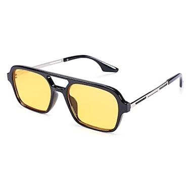 Pro Acme Vintage 70s Flat Pilot Sunglasses for Women Men Small Frame Rectangular Glasses UV400 Protection Shades Black Frame Yellow Lens