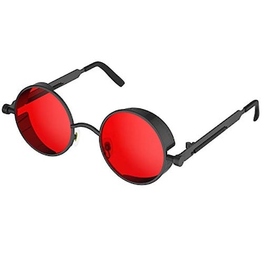PROUDDEMON Retro Gothic Steampunk Sunglasses for Women Men Round Lens Metal Frame Shields for Parties Festivals Black Red