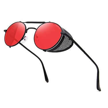 RONSOU Steampunk Style Round Vintage Sunglasses Retro Eyewear UV400 Protection Matel Frame blackred