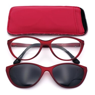 SA106 Cateye Magnetic Clip On Polarized Sunglasses On Bifocal Reading Glasses Solid Red 25 x