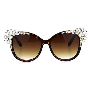SA106 Womens Large Rhinestone Jewel Trim Plastic Butterfly Sunglasses Tortoise Brown