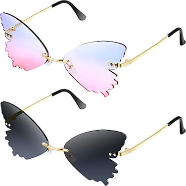 Weewooday 2 Pairs Butterfly Sunglasses for Women Men Gradient Rimless Glasses Eyewear Butterfly Wing SunglassesGradient Pink Grey