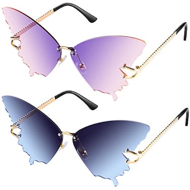 Weewooday 2 Pairs Butterfly Sunglasses for Women Men Gradient Rimless Glasses Eyewear Butterfly Wing SunglassesGradient Purple Blue