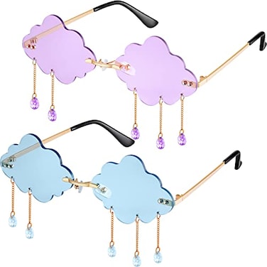 Weewooday 2 Pairs Tassel Clouds Shaped Sunglasses Rimless Men Women 90s Disco Sunglasses Light Blue Purple