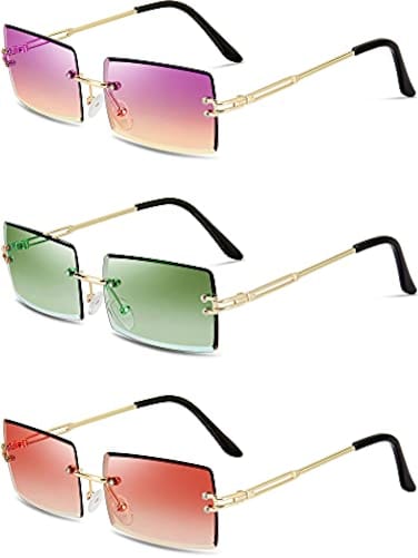 Weewooday Vintage Transparent Rimless Rectangle Sunglasses 3 Pairs Green Red Gradient Purple