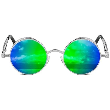 ROCKNIGHT Round Polarized Sunglasses for Men Women UV400 Retro Steampunk Metal Frame 48mm Circle Shades Silver Frame Green Mirrored Lens