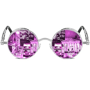 ROCKNIGHT Round Polarized Sunglasses for Men Women UV400 Retro Steampunk Metal Frame 48mm Circle ShadesSilver Frame Pink Mirrored Lens
