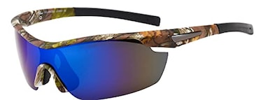 Hornz Brown Forest Camouflage Polarized Sunglasses for Men Wrap Around Sport Frame Free Matching Microfiber Pouch Brown Camo Frame Blue Lens