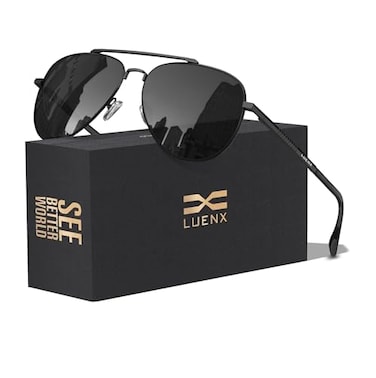 LUENX Aviator Sunglasses for Men Women Polarized Driving Classic Shades UV 400 Protection with Accessories Black Lens 60MM