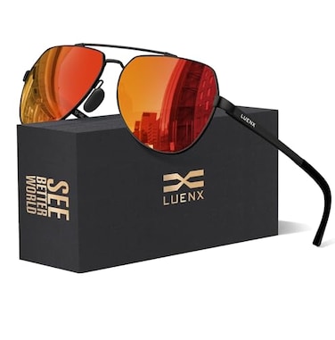 LUENX Aviator Sunglasses for Men Women Polarized New Shades Flexible Spring Hinge UV 400 ProtectionOrange Mirror Lens Black frame 59mm