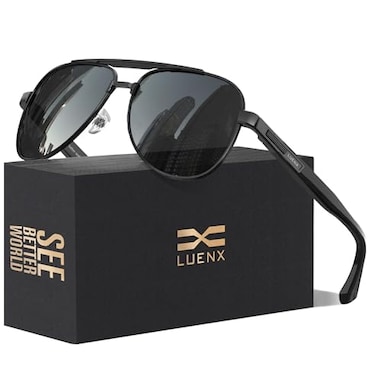 LUENX Aviator Sunglasses for Men Women Polarized Trendy Sun Glasses Pilot Shades Driving UV 400 Protection 60mm Black Lens Black Frame