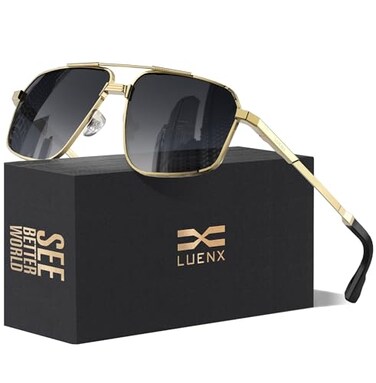 LUENX Mens Women Polarized Sunglasses Aviator Square Polygon Lens Driving UV400 Protection Retro 60mmGradient Grey Lens Gold Frame