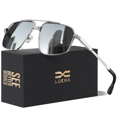 LUENX Mens Women Polarized Sunglasses Aviator Square Polygon Lens Driving UV400 Protection Retro 60mmSilver Lens Silver Frame