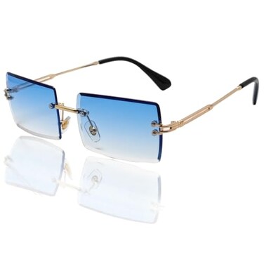 Mriendao Blue Sunglasses for Women Men Fashion Retro Cute 90s Rimless Frameless Rectangle Tinted Lens Sun Glasses Shades