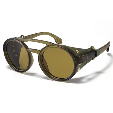 MUDIWRLO Polarized Round Steampunk Sunglasses with Leather Side Double Bridge Shield Retro Eyewear for Men WomenGreen