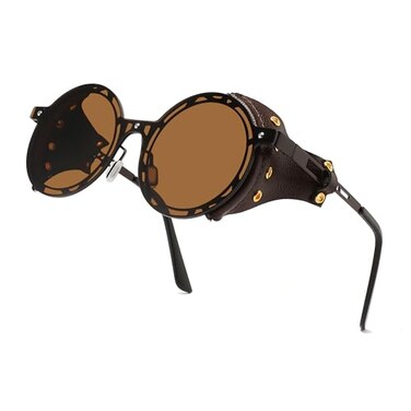 Technigadgets Julian Steampunk Sunglasses Retro Round Metal Frame With Leather Sideshield Mirrored Eyeglasses Mens Gift CoffeeTea