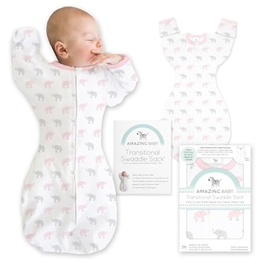 Amazing Baby Transitional Swaddle Sack Arms Up HalfLength Sleeves Mitten Cuffs Most Gradual Transition Swaddle for Newborns to Baby Sleep Sack Small 03 mo 614 lb Pink Tiny Elephants