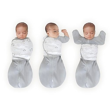 Amazing Baby Omni Transitional Swaddle Swaddle Sleep Sack with Wrap Arms Up Sleeves Mitten Cuffs Gray Stars Small 03 Months