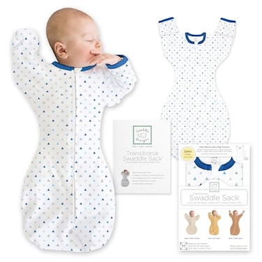 SwaddleDesigns Transitional Swaddle Sack Arms Up HalfLength Sleeves Mitten Cuffs Swaddle for Newborn Transition to Baby Sleep Sack Wearable Blanket Small 03 month 614 lb Blue Tiny Triangles