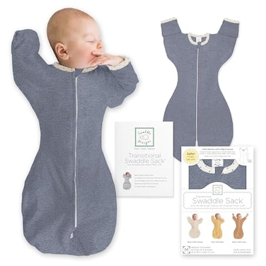 SwaddleDesigns Transitional Swaddle Sack Arms Up HalfLength Sleeves Mitten Cuffs Swaddle for Newborn Transition to Baby Sleep Sack Wearable Blanket Small 03 Month 614 lb Heathered Denim