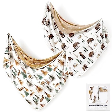 GRSSDER Baby Blankets Super Soft Stretchy Jersey Swaddle Blanket 2 Pack for Baby Boys Double Layer Reversible Receiving Blankets 34 x 44 Extra Large for Swaddling Deer Bear