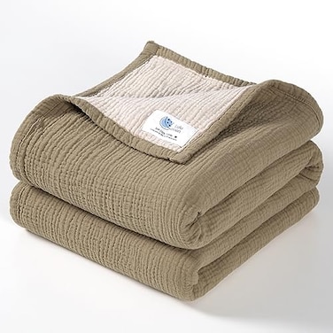 lulumoon Muslin Baby Blanket Neutral 4Layer Soft Cotton Toddler Blanket for Daycare Reversible Lightweight Crib Bedding for Stroller Travel 47x47Olive