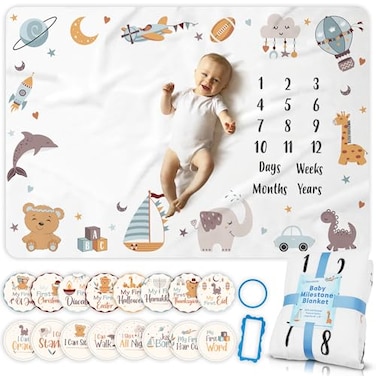 OSTANDRAFFE Monthly Milestone Blanket for Baby Boy Premium Soft Fleece Blanket First 12 Months Growth Chart Large Size 60 x 40 16 Milestone Stickers for Boys