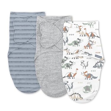 SwaddleMe by Ingenuity Monogram Collection Baby Swaddle 100 Cotton Improves Sleep Calms Startle Reflex 03 Months Pocket Fold Design for Easy Changes 10 TOG 3Pack Dino Mite