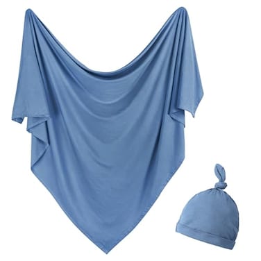 OWLOWLA Newborn Swaddle Set Stretch Wrap Swaddle Receiving Blanket for Baby Boy GirlSteel Blue