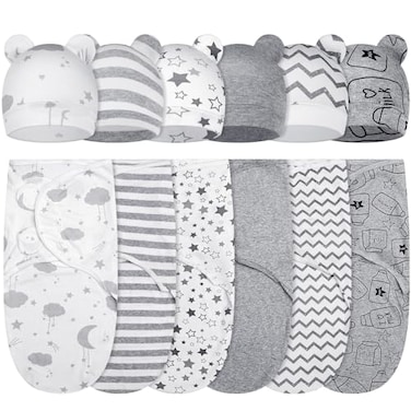 Ramede 6 Pack Swaddle Blanket with Hats for Baby Girl Boy 100 Cotton Swaddles 03 Months Adjustable Breathable Skin Friendly Receiving Blanket Wrap Essential for NewbornsCloudGrey