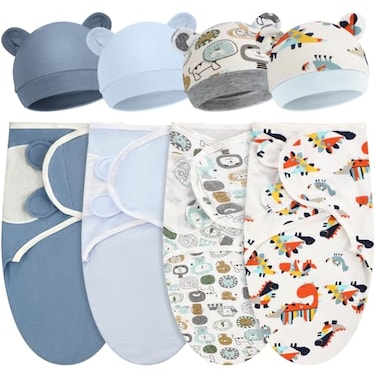 Buryeah 4 Pack Preemie Swaddle Blanket Wrap Set with Hat for Baby Boys Girls 37 Lbs Preemie Newborn Clothes Sleepers CapBlueSafari