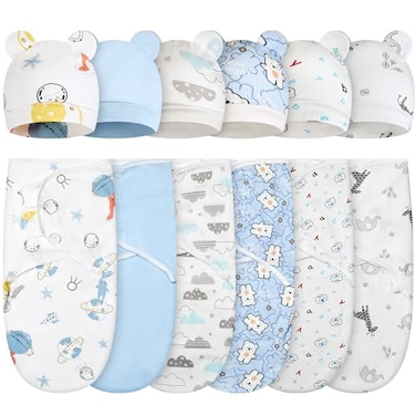 Ramede 6 Pack Swaddle Blanket with Hats Swaddle Outfit for 03 Months Newborn Sacks Soft Cotton Wearable for Girl and BoyBearBlue