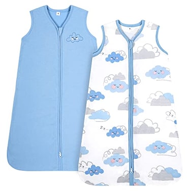 TILLYOU 2 Pack Infant Sleep Sack 06 Months 100 Cotton Wearable Blanket 05 TOG Sleeveless Summer Sleep Sacks with 2Way Zipper Small Cloud Blue