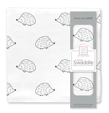 SwaddleDesigns Cotton Muslin Swaddle Blanket Receiving Blanket for Boys Girls Best Shower Gift 46x46 inches Black Hedgehog