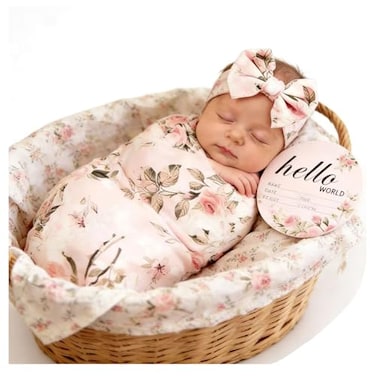 Galabloomer Newborn Receiving Blanket Headband Set Flower Print Baby Swaddle Blankets Vintage