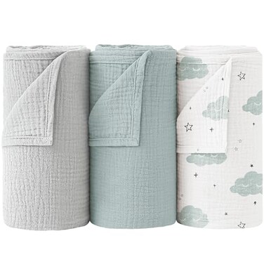 Bearmoss Muslin Swaddle Blankets 40 x 38 inches Baby Swaddle for Boys and Girls Soft Baby Blanket 3 Pack Breathable Nursery Receiving Blankets Cloud