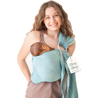 Mebien touche Ring Sling Baby Carrier USA Lab Tested 100 Natural Cotton Muslin Breathable Ergonomic Ring Sling Grey Turquoise