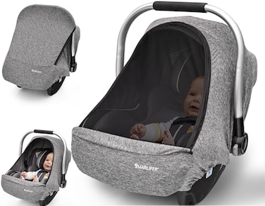 MARLIFER Baby Car Seat Cover Large Mesh Window Breathable Fabric Infant Windproof Canopy Universal Fit CarSeat Covers for Babies Machine Washable Gray