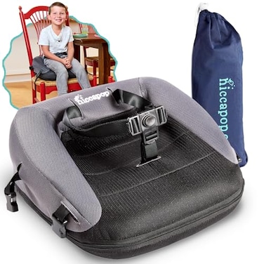 Hiccapop NeoBoost Inflatable Toddler Booster Seat for Dining Table Portable QuickInflate Design AntiSlip Base Secure Straps EasyClean Perfect for Home Travel BlackGray