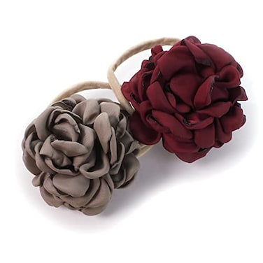 My Lello Baby Girl Ruffle Singed Rose Nylon Elastic Headbands Set 2pcs Small Burgundy Truffle